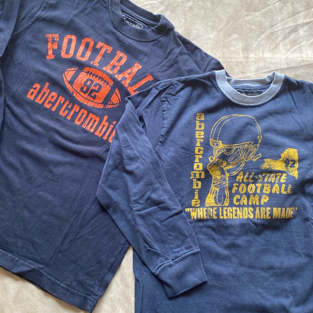 Two VINTAGE Abercrombie & Fitch football themed long sleeve shirts. Size L